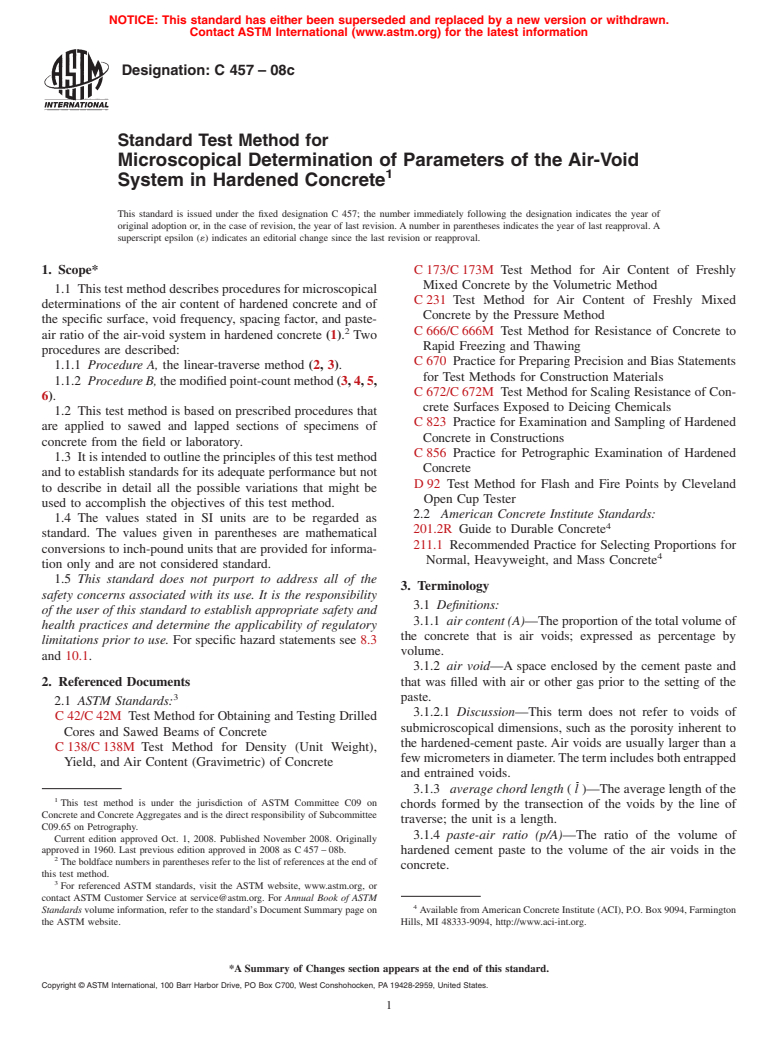 ASTM C457-08c - Standard Test Method for Microscopical Determination of Parameters of the Air-Void System in Hardened Concrete