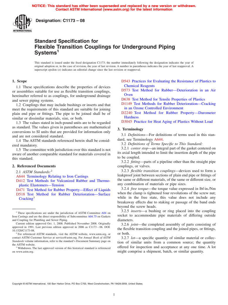 ASTM C1173-08 - Standard Specification for Flexible Transition Couplings for Underground Piping Systems
