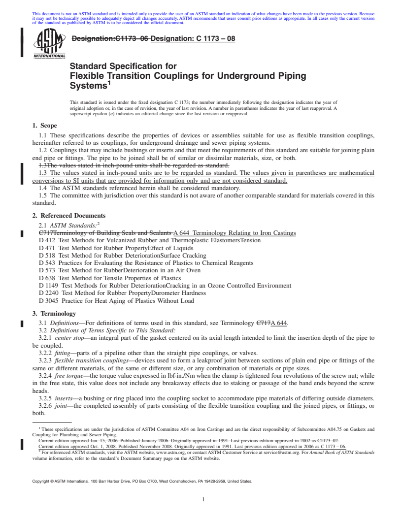 REDLINE ASTM C1173-08 - Standard Specification for Flexible Transition Couplings for Underground Piping Systems