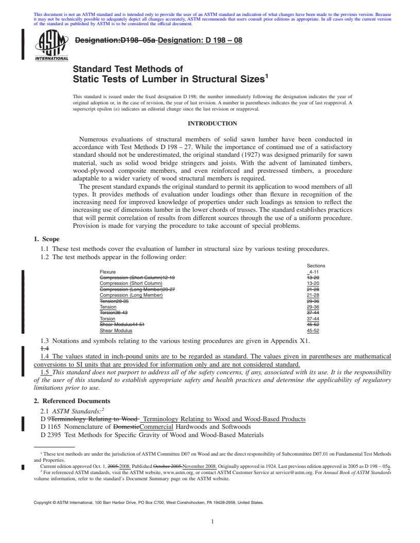 REDLINE ASTM D198-08 - Standard Test Methods of Static Tests of Lumber in Structural Sizes