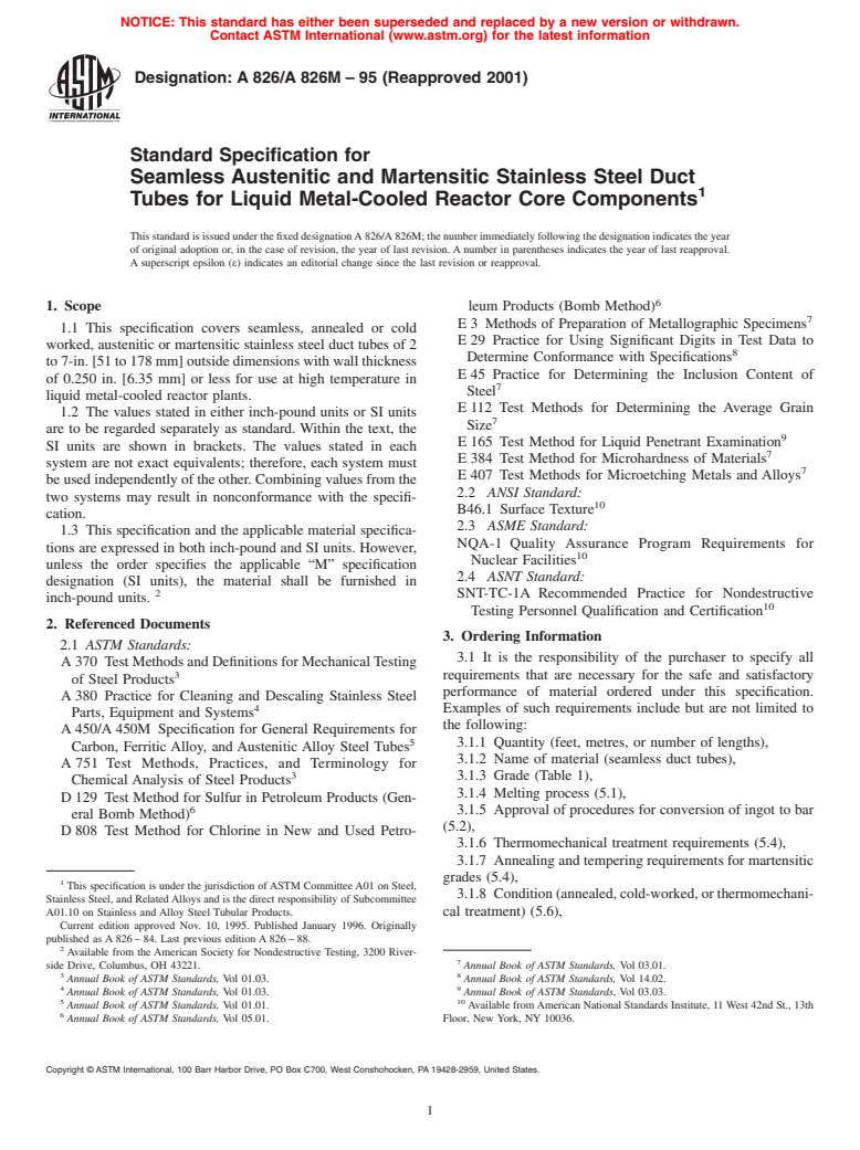 ASTM A826/A826M-95(2001) - Standard Specification for Seamless Austenitic and Martensitic Stainless Steel Duct Tubes for Liquid Metal-Cooled Reactor Core Components (Withdrawn 2004)