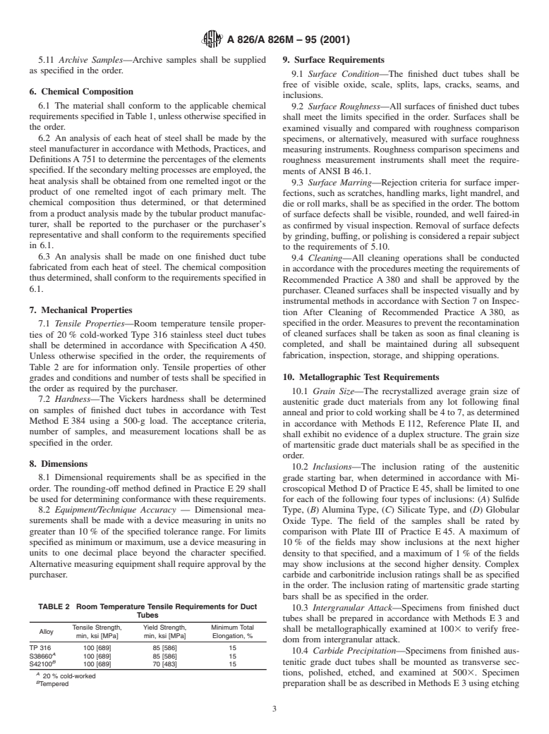 ASTM A826/A826M-95(2001) - Standard Specification for Seamless Austenitic and Martensitic Stainless Steel Duct Tubes for Liquid Metal-Cooled Reactor Core Components (Withdrawn 2004)