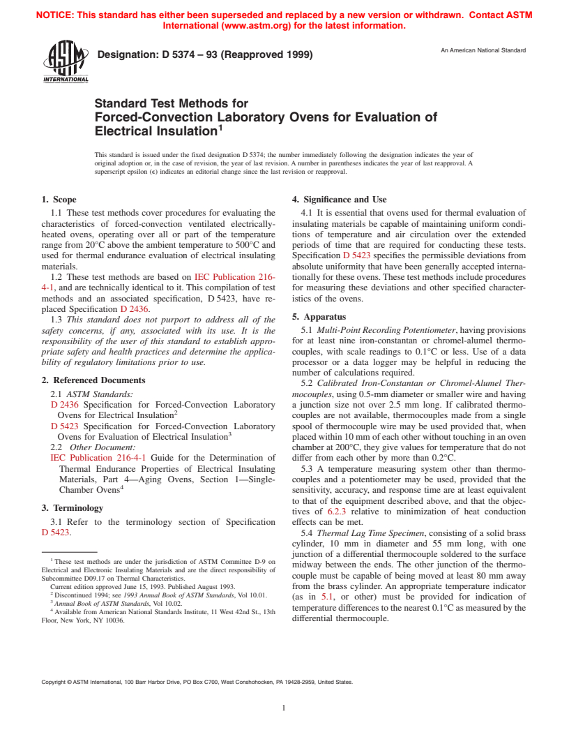 ASTM D5374-93(1999) - Standard Test Methods for Forced-Convection Laboratory Ovens for Evaluation of Electrical Insulation