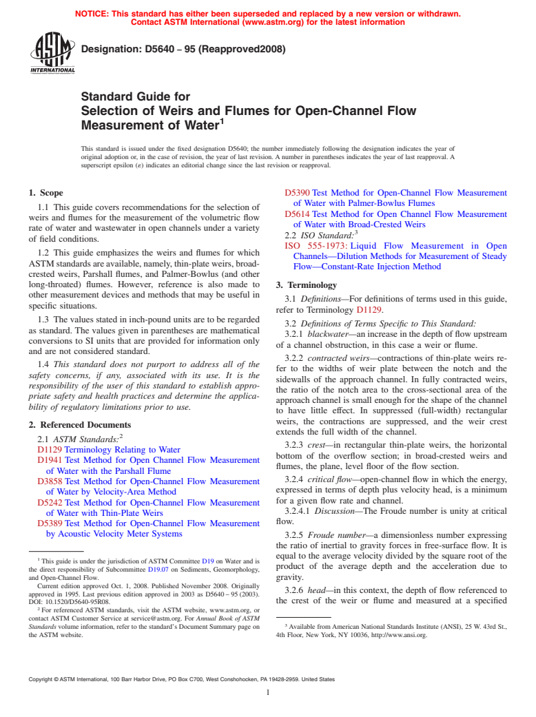 ASTM D5640-95(2008) - Standard Guide for Selection of Weirs and Flumes for Open-Channel Flow Measurement of Water