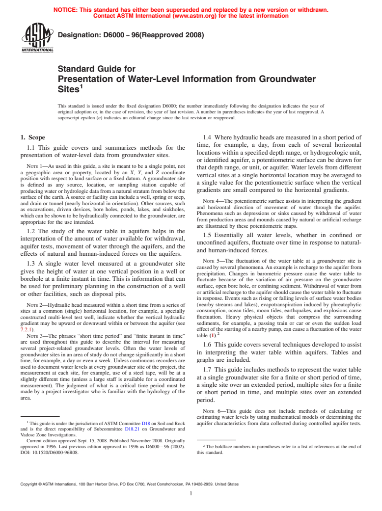 ASTM D6000-96(2008) - Standard Guide for Presentation of Water-Level Information from Groundwater Sites