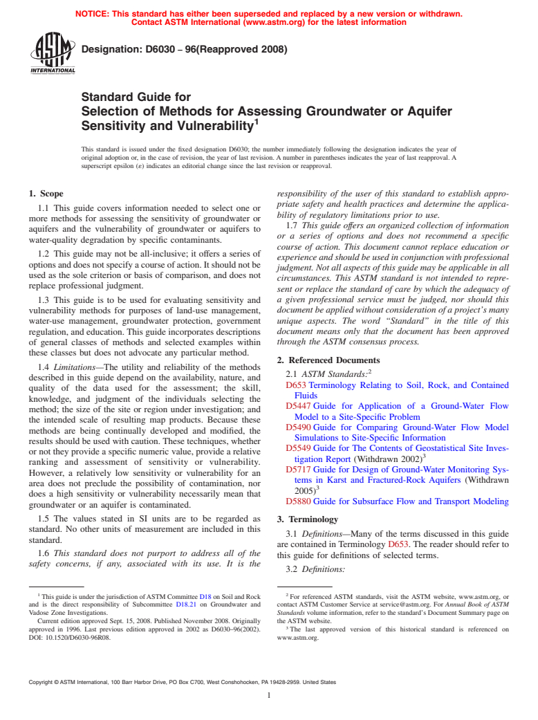 ASTM D6030-96(2008) - Standard Guide for Selection of Methods for Assessing Groundwater or Aquifer Sensitivity and Vulnerability