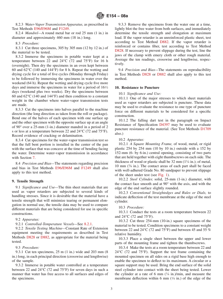 ASTM E154-08a - Standard Test Methods for Water Vapor Retarders Used in Contact with Earth Under Concrete Slabs, on Walls, or as Ground Cover