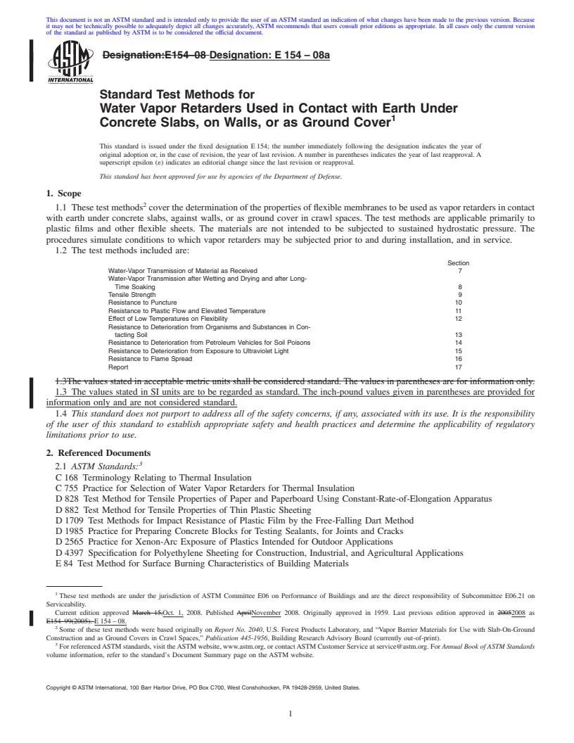 REDLINE ASTM E154-08a - Standard Test Methods for Water Vapor Retarders Used in Contact with Earth Under Concrete Slabs, on Walls, or as Ground Cover