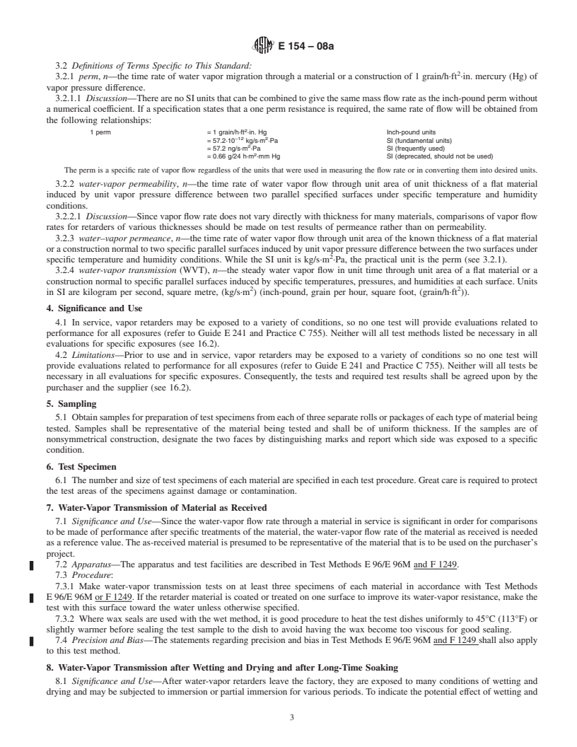 REDLINE ASTM E154-08a - Standard Test Methods for Water Vapor Retarders Used in Contact with Earth Under Concrete Slabs, on Walls, or as Ground Cover