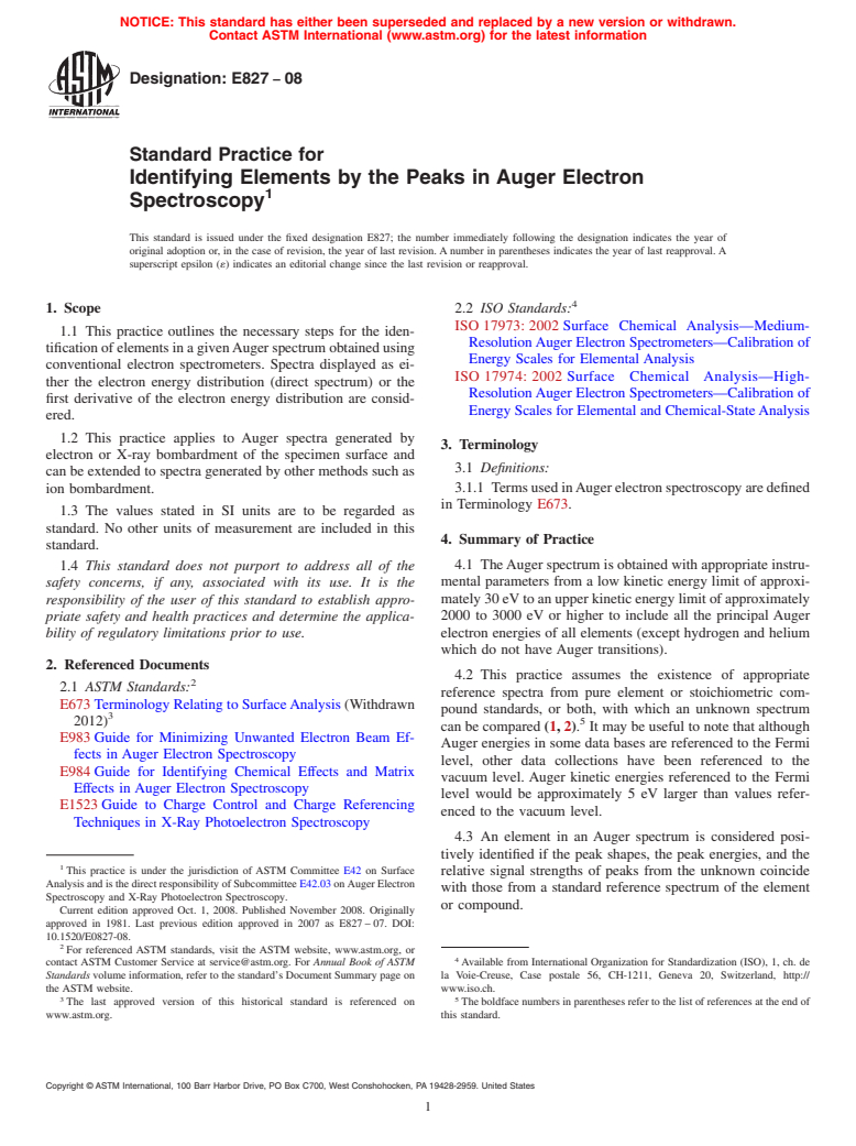 ASTM E827-08 - Standard Practice for Identifying Elements by the Peaks in Auger Electron Spectroscopy (Withdrawn 2017)