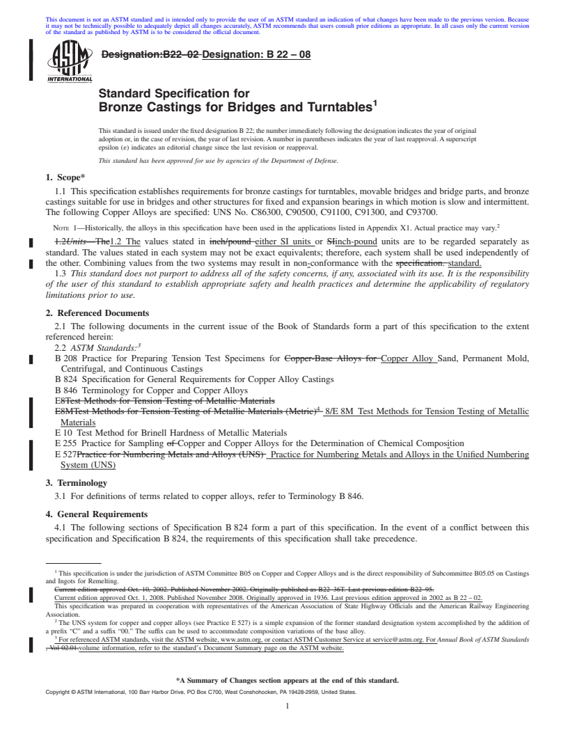 REDLINE ASTM B22-08 - Standard Specification for Bronze Castings for Bridges and Turntables