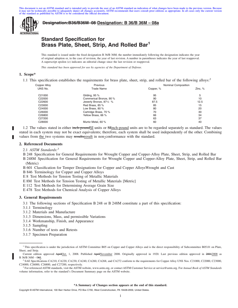 REDLINE ASTM B36/B36M-08a - Standard Specification for Brass Plate, Sheet, Strip, And Rolled Bar