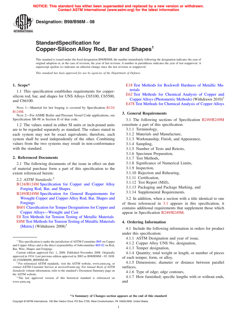 ASTM B98/B98M-08 - Standard Specification for Copper-Silicon Alloy Rod, Bar and Shapes