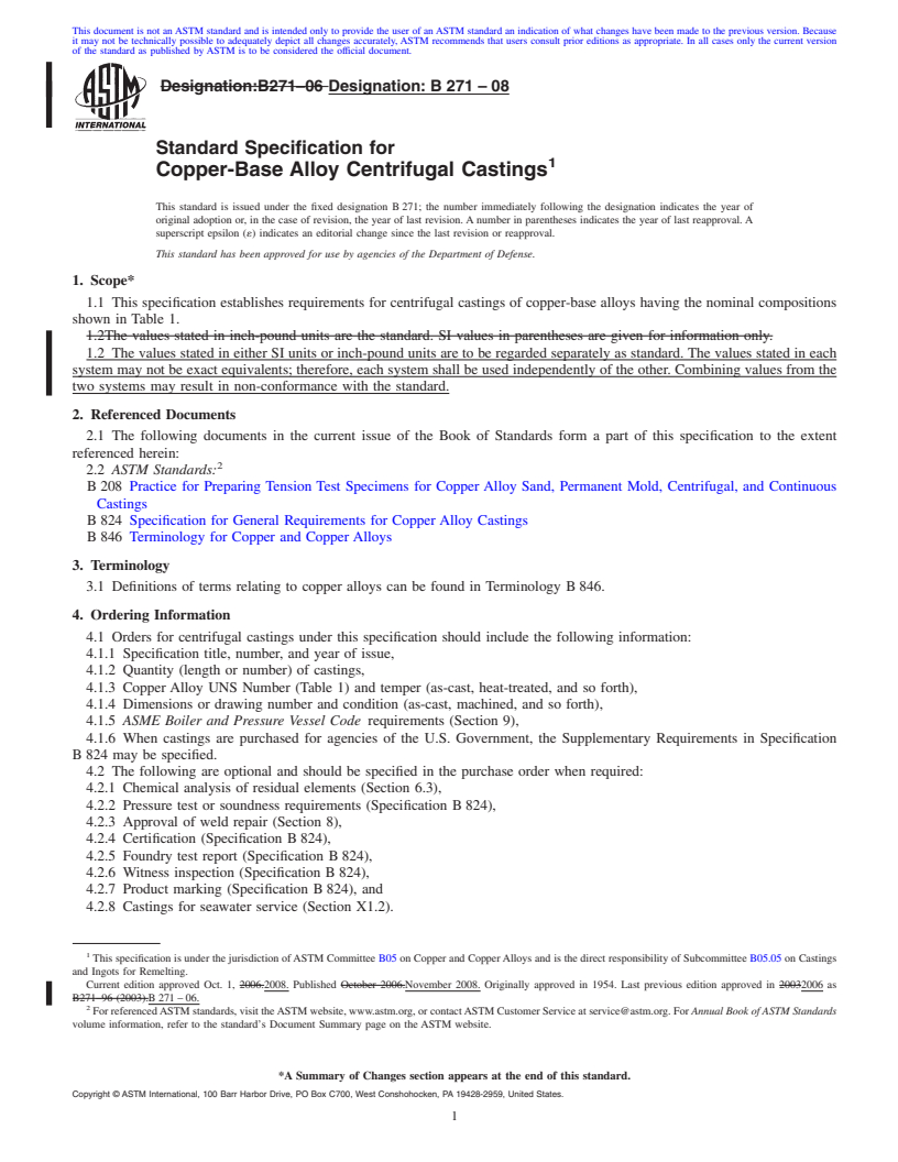 REDLINE ASTM B271-08 - Standard Specification for Copper-Base Alloy Centrifugal Castings