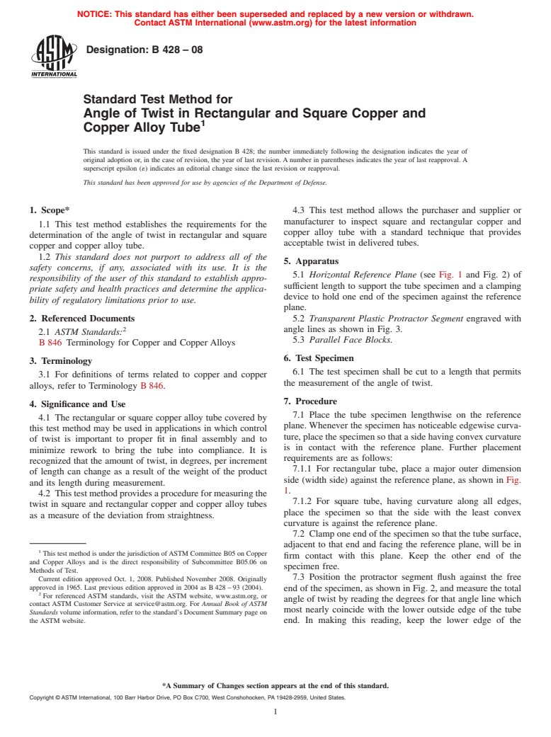 ASTM B428-08 - Standard Test Method for Angle of Twist in Rectangular and Square Copper and Copper Alloy Tube