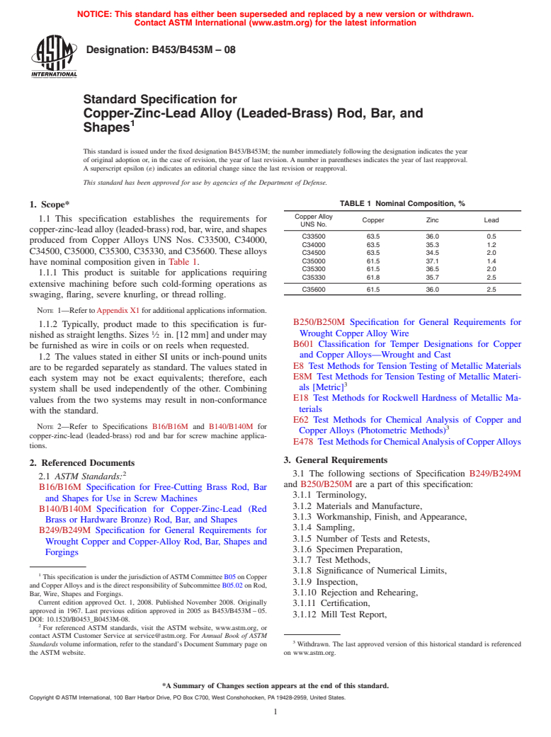 ASTM B453/B453M-08 - Standard Specification for Copper-Zinc-Lead Alloy (Leaded-Brass) Rod, Bar, and Shapes