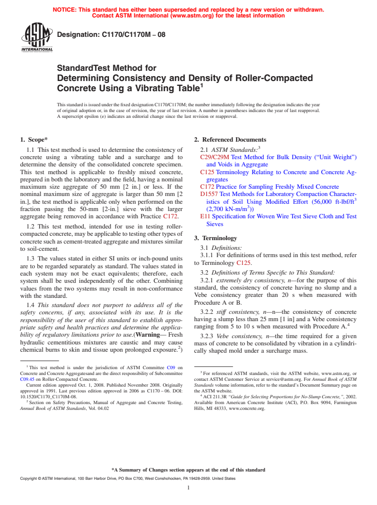 ASTM C1170/C1170M-08 - Standard Test Method for Determining Consistency and Density of Roller-Compacted Concrete Using a Vibrating Table