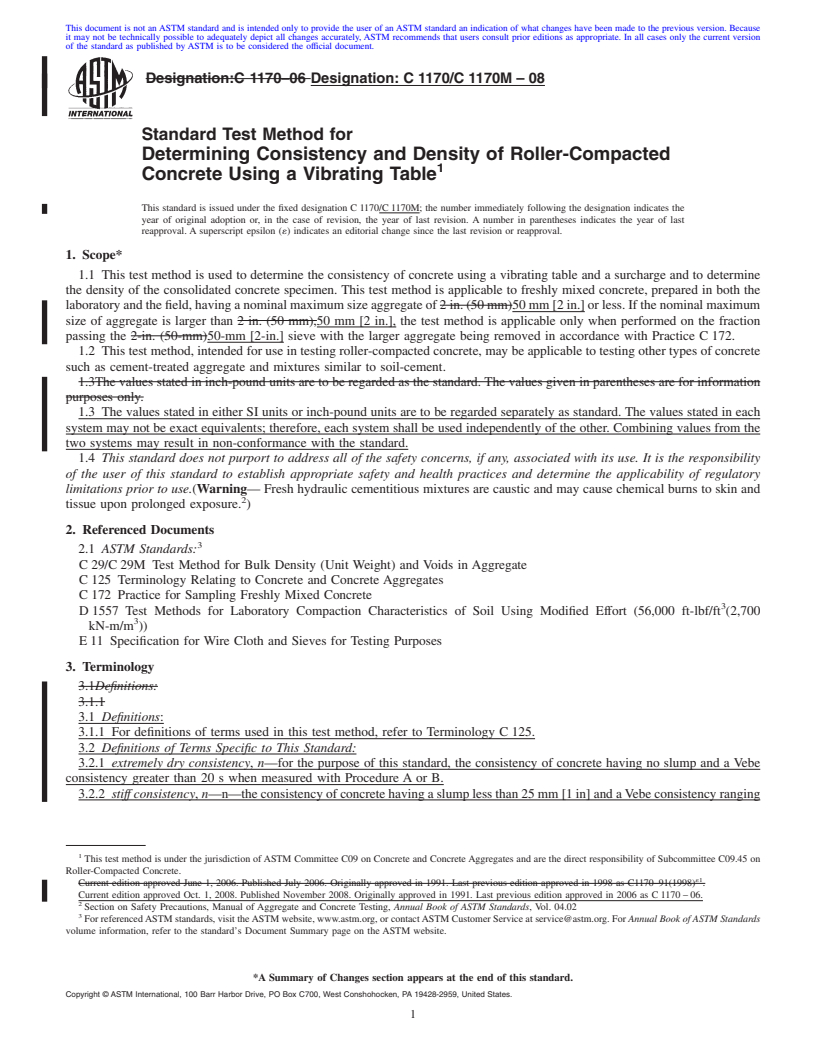 REDLINE ASTM C1170/C1170M-08 - Standard Test Method for Determining Consistency and Density of Roller-Compacted Concrete Using a Vibrating Table