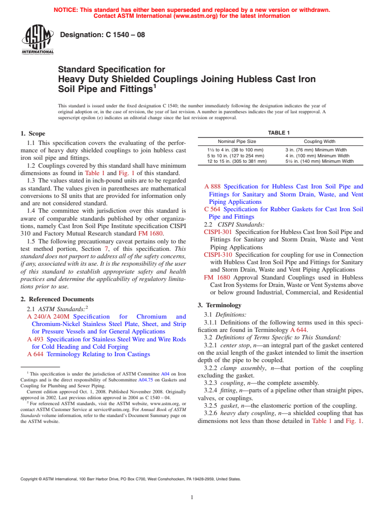 ASTM C1540-08 - Standard Specification for Heavy Duty Shielded Couplings Joining Hubless Cast Iron Soil Pipe and Fittings