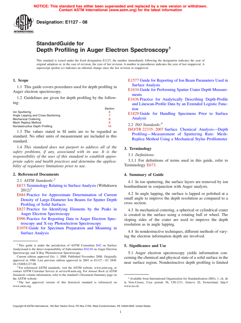 ASTM E1127-08 - Standard Guide for Depth Profiling in Auger Electron Spectroscopy