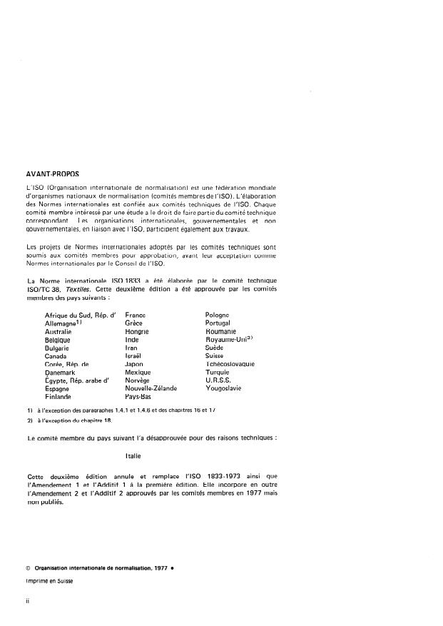 ISO 1833:1977 ISO 1833:1977 - Textiles -- Mélanges binaires de fibres -- Analyse chimique quantitative - Page 2 preview
