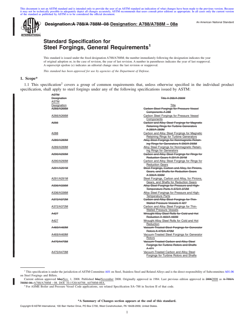 REDLINE ASTM A788/A788M-08a - Standard Specification for  Steel Forgings, General Requirements