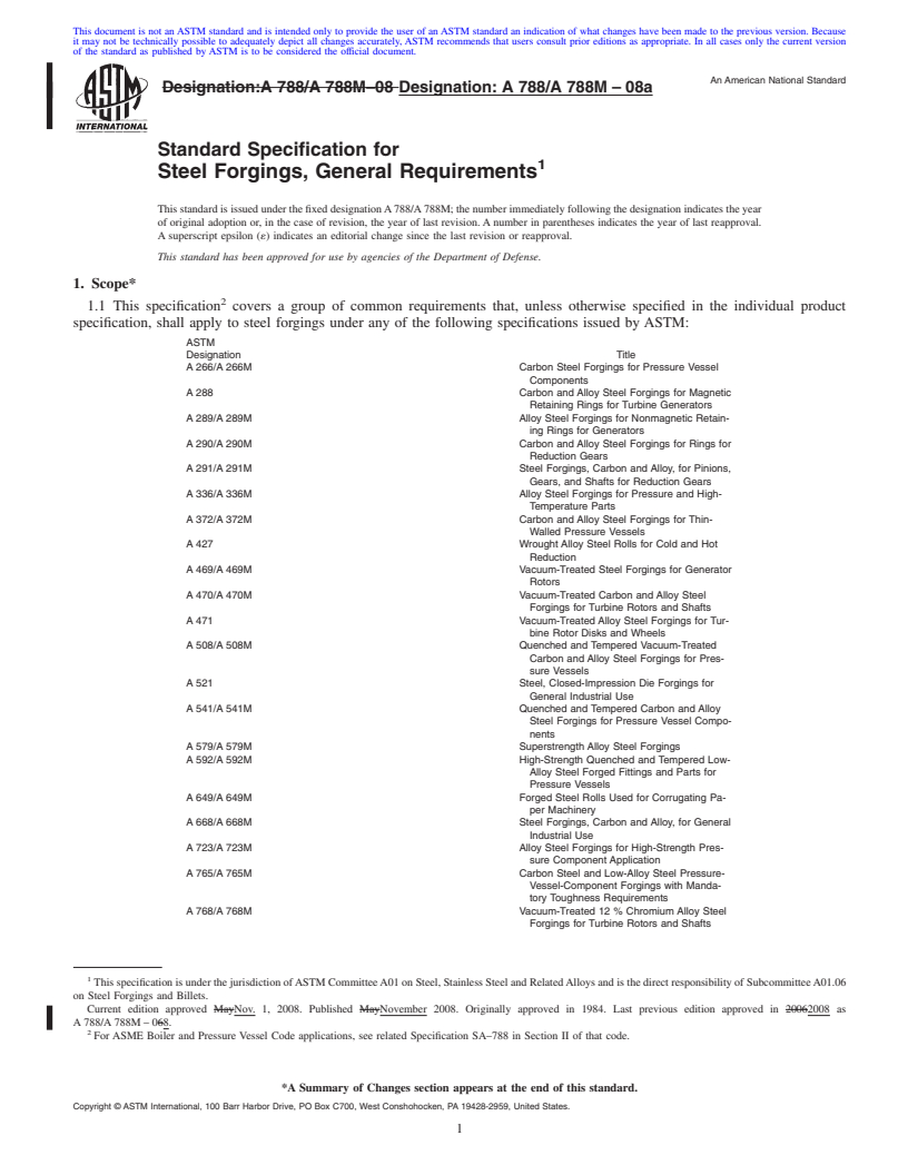 REDLINE ASTM A788/A788M-08a - Standard Specification for  Steel Forgings, General Requirements