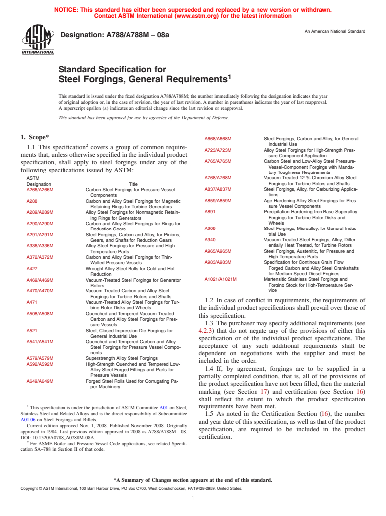 ASTM A788/A788M-08a - Standard Specification for  Steel Forgings, General Requirements