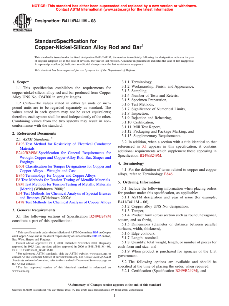 ASTM B411/B411M-08 - Standard Specification for Copper-Nickel-Silicon Alloy Rod and Bar