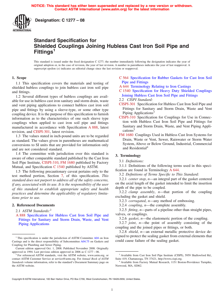 ASTM C1277-08 - Standard Specification for Shielded Couplings Joining Hubless Cast Iron Soil Pipe and Fittings