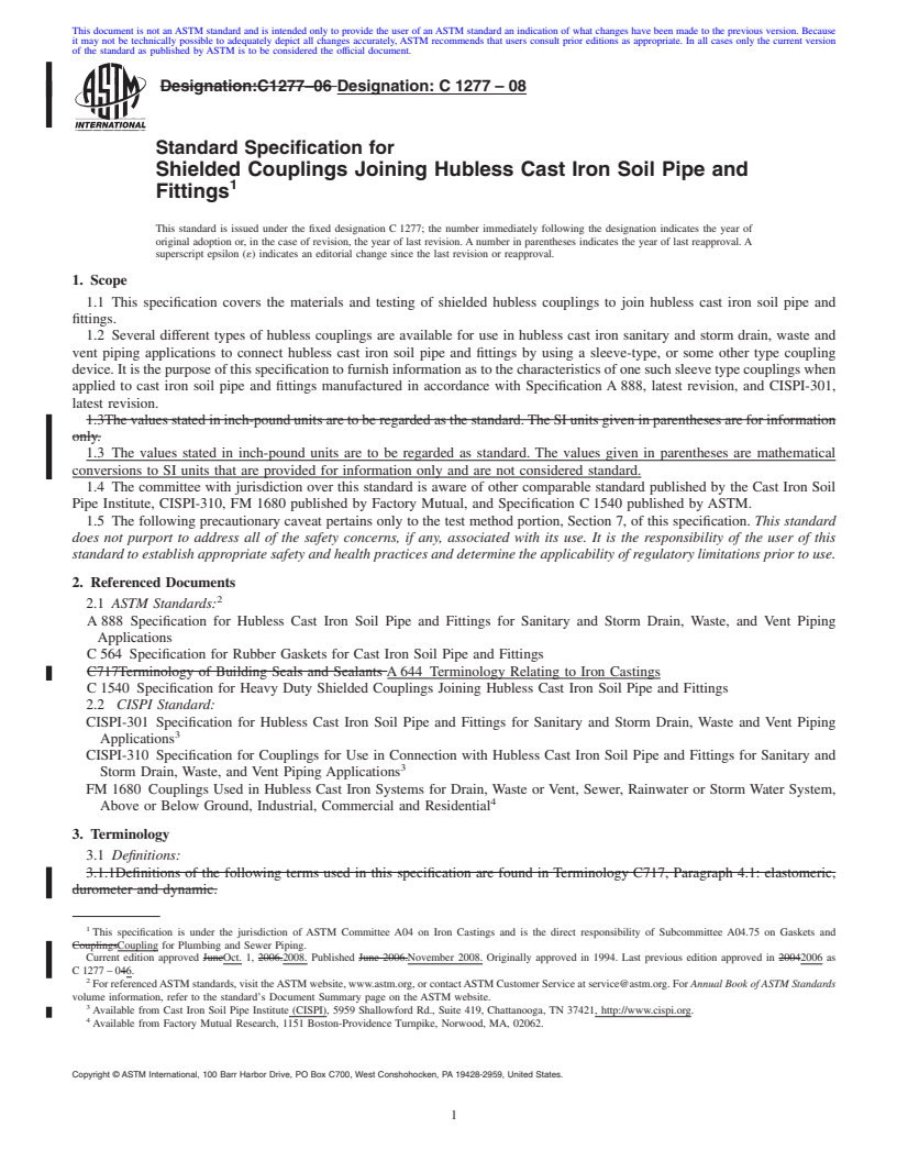 REDLINE ASTM C1277-08 - Standard Specification for Shielded Couplings Joining Hubless Cast Iron Soil Pipe and Fittings