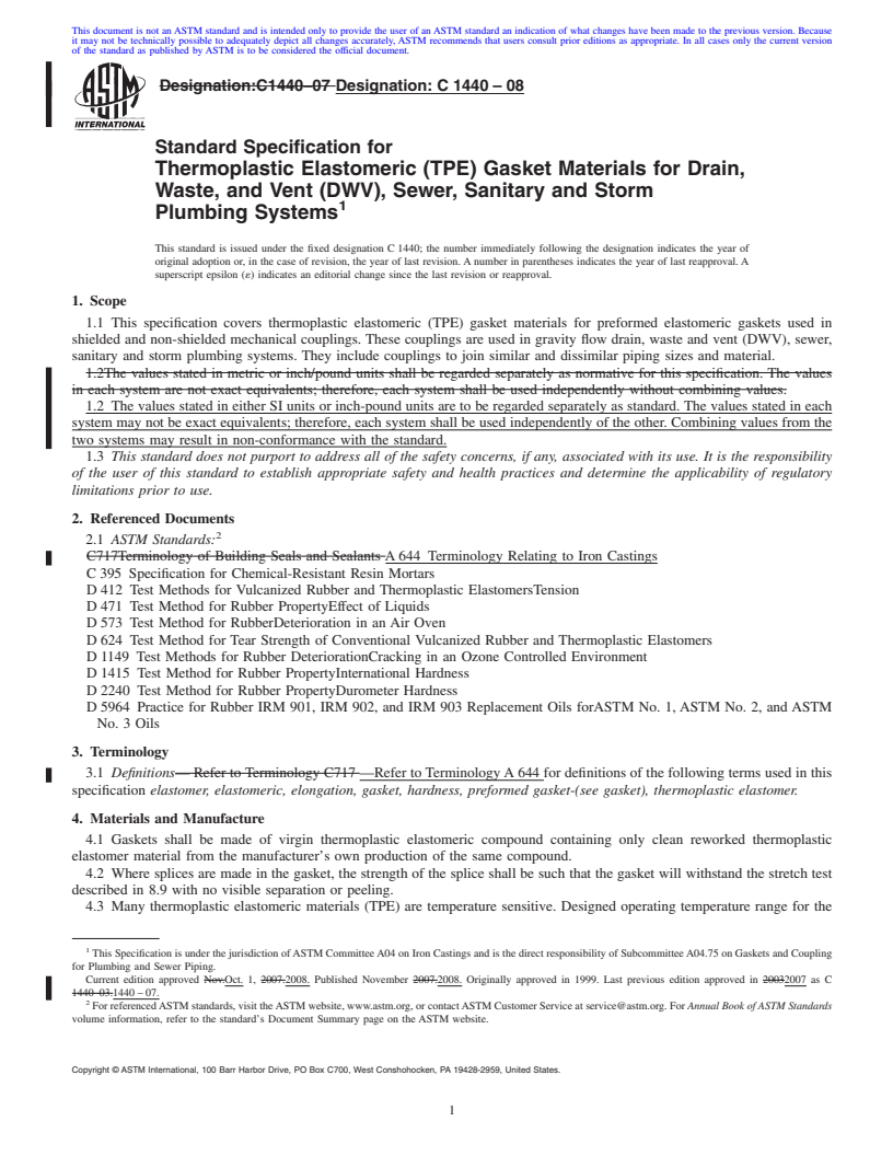 REDLINE ASTM C1440-08 - Standard Specification for Thermoplastic Elastomeric (TPE) Gasket Materials for Drain, Waste, and Vent (DWV), Sewer, Sanitary and Storm Plumbing Systems