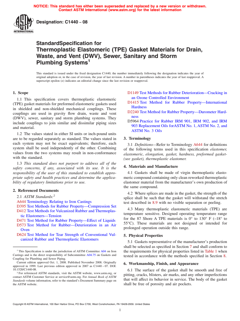 ASTM C1440-08 - Standard Specification for Thermoplastic Elastomeric (TPE) Gasket Materials for Drain, Waste, and Vent (DWV), Sewer, Sanitary and Storm Plumbing Systems