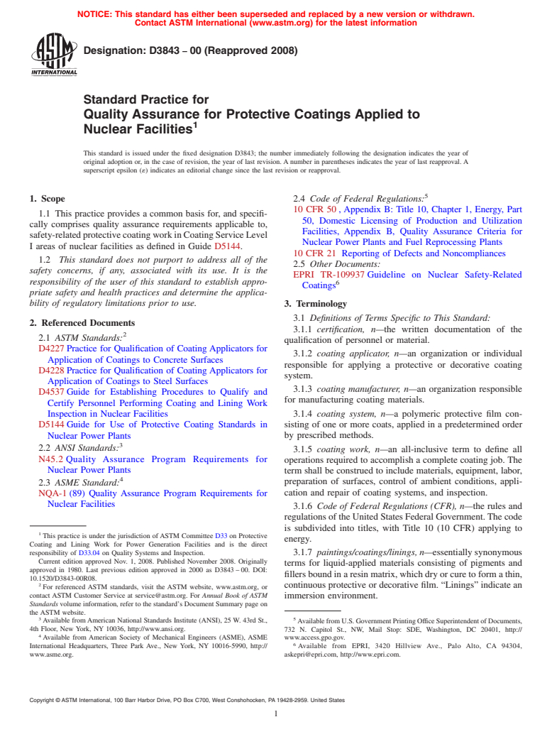 ASTM D3843-00(2008) - Standard Practice for Quality Assurance for Protective Coatings Applied to Nuclear Facilities