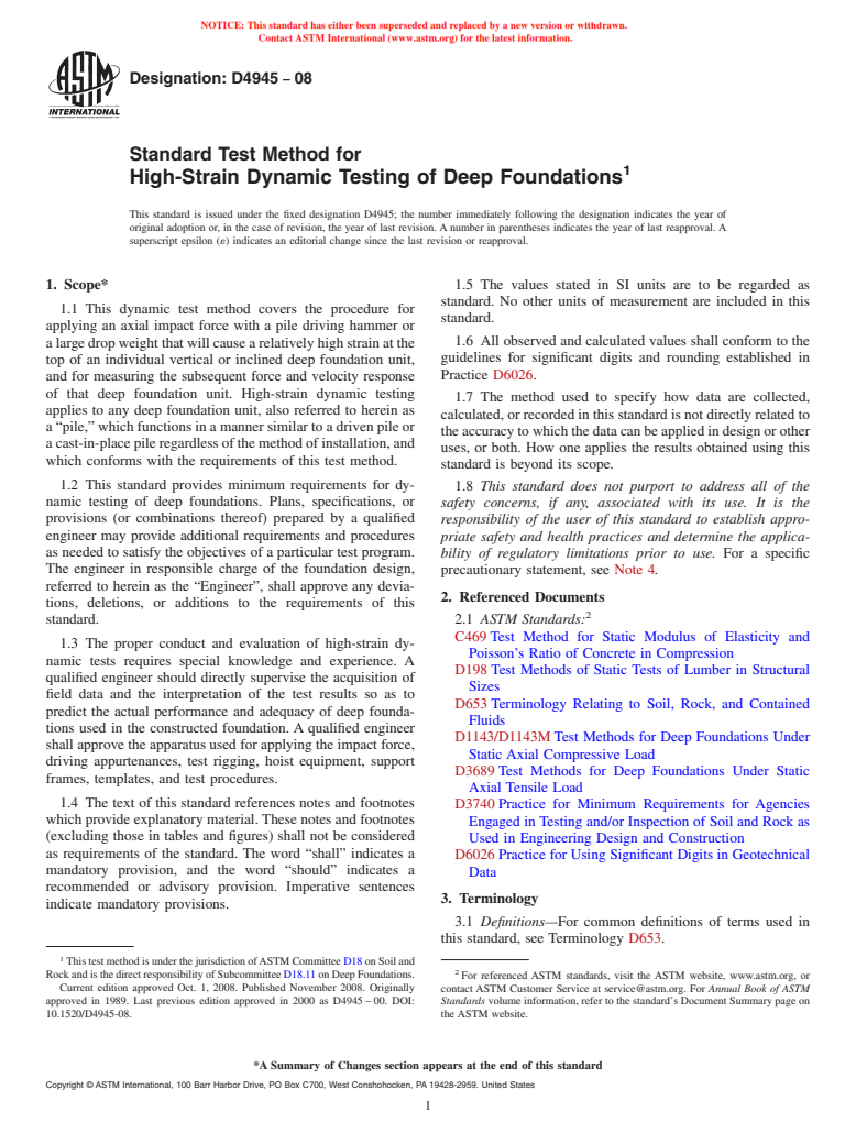 ASTM D4945-08 - Standard Test Method for High-Strain Dynamic Testing of Piles