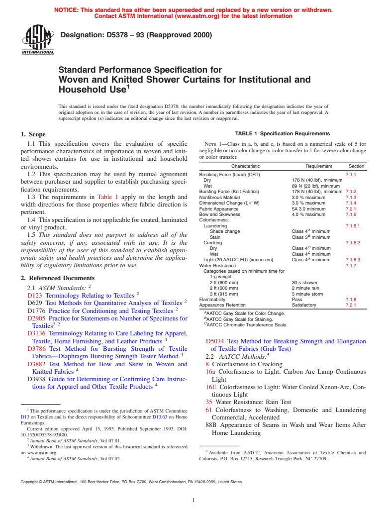 ASTM D5378-93(2000) - Standard Performance Specification for Woven and Knitted Shower Curtains for Institutional and Household Use (Withdrawn 2009)