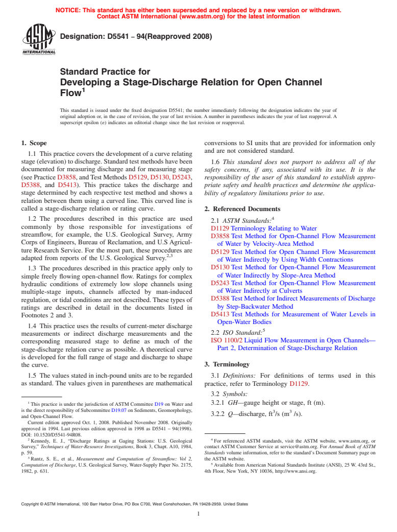 ASTM D5541-94(2008) - Standard Practice for Developing a Stage-Discharge Relation for Open Channel Flow