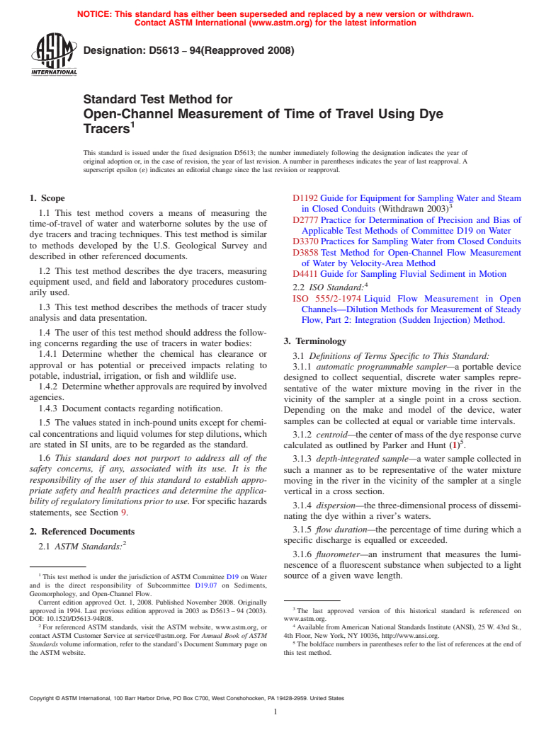 ASTM D5613-94(2008) - Standard Test Method for Open-Channel Measurement of Time of Travel Using Dye Tracers
