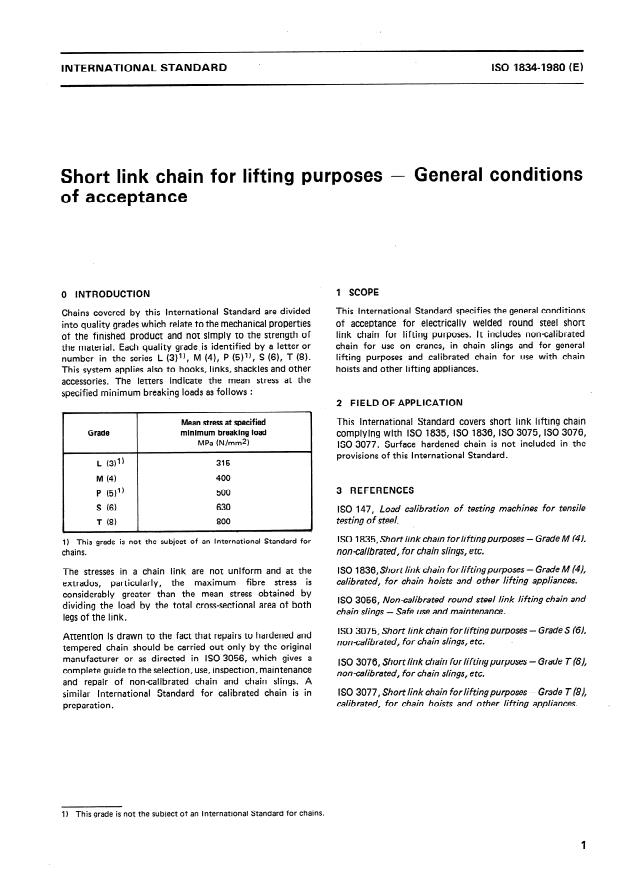 ISO 1834:1980 - Short link chain for lifting purposes -- General conditions of acceptance
