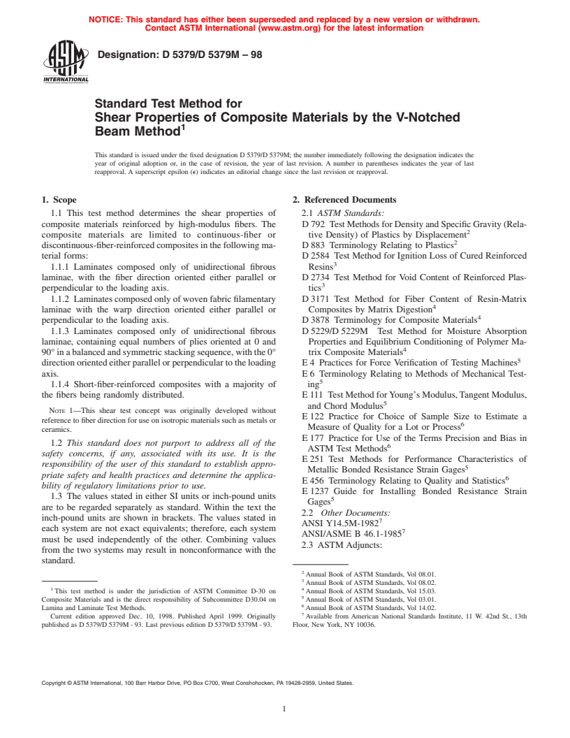 ASTM D5379/D5379M-98 - Standard Test Method for Shear Properties of Composite Materials by the V-Notched Beam Method