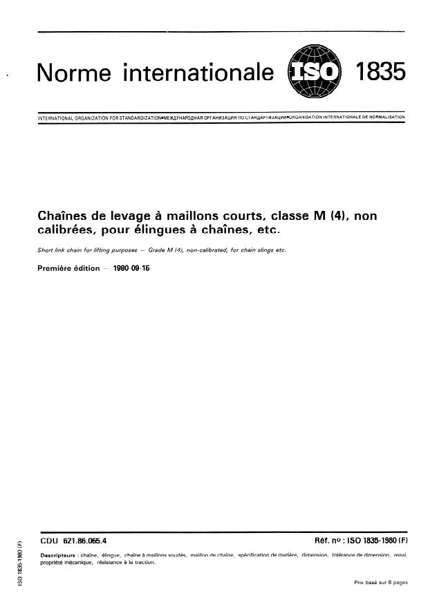 ISO 1835:1980 - Chaînes de levage a maillons courts, classe M (4), non calibrées, pour élingues a chaînes, etc.