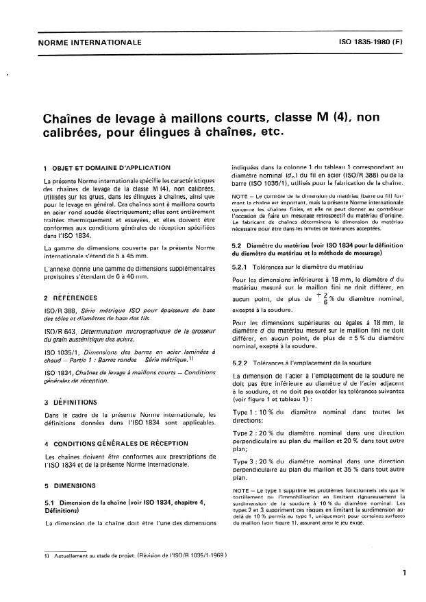 ISO 1835:1980 - Chaînes de levage a maillons courts, classe M (4), non calibrées, pour élingues a chaînes, etc.
