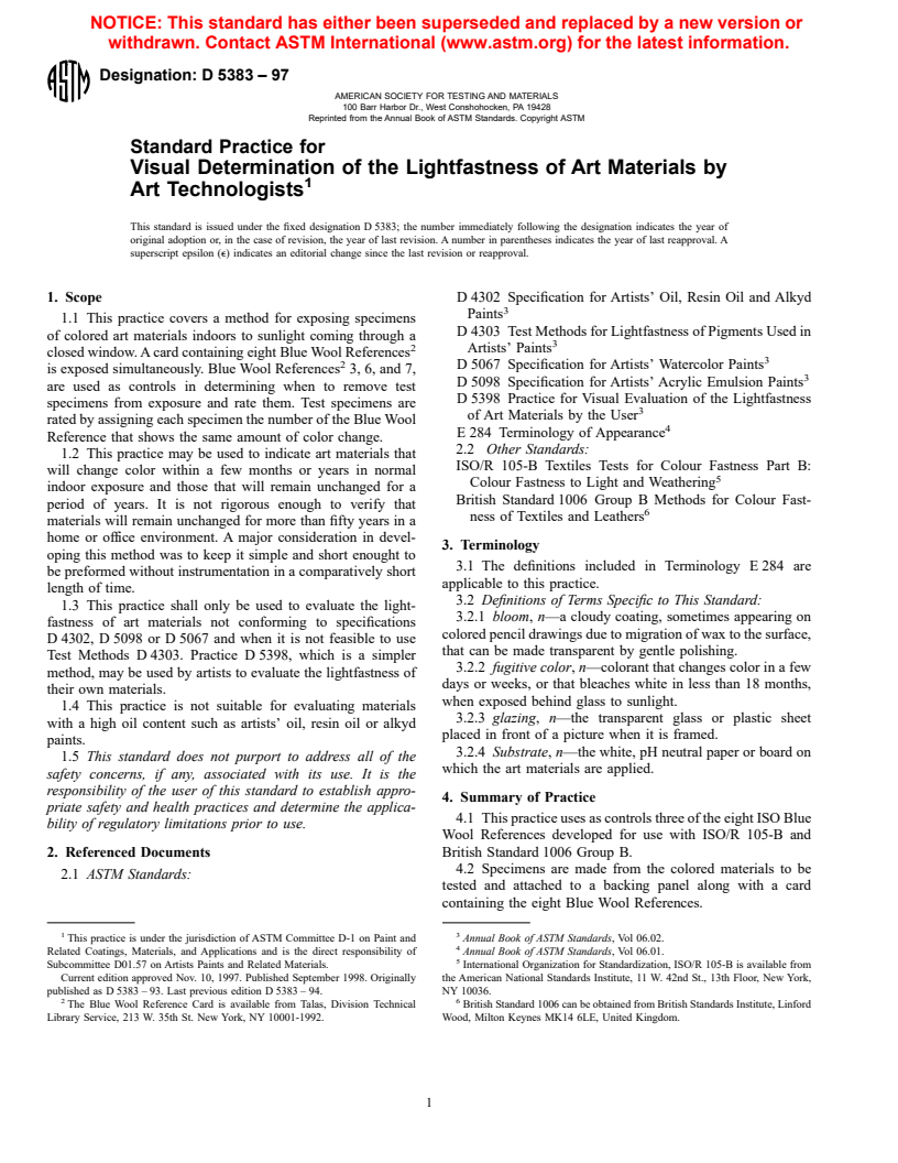 ASTM D5383-97 - Standard Practice for Visual Determination of the Lightfastness of Art Materials by Art Technologists