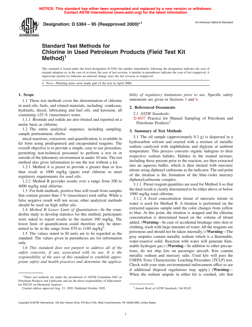 ASTM D5384-95(2000)e1 - Standard Test Methods for Chlorine in Used Petroleum Products (Field Test Kit Method)