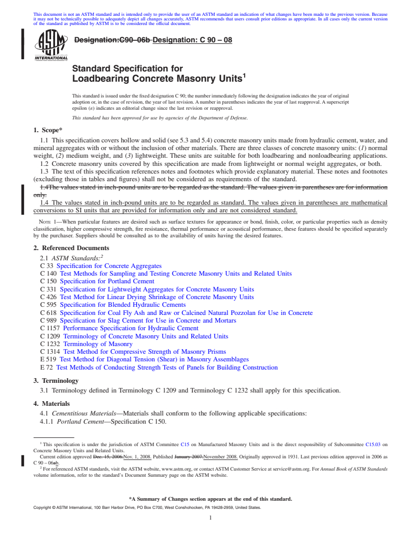 REDLINE ASTM C90-08 - Standard Specification for Loadbearing Concrete Masonry Units