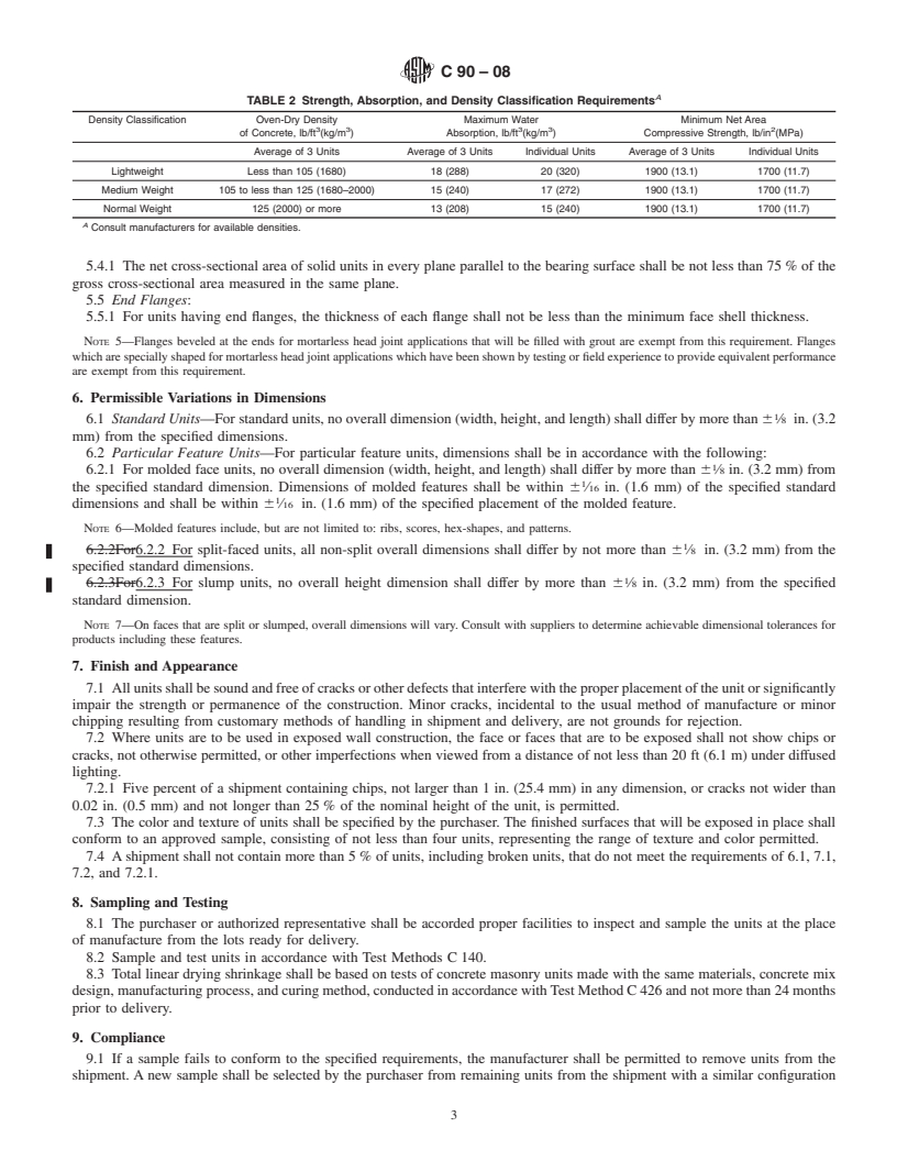 REDLINE ASTM C90-08 - Standard Specification for Loadbearing Concrete Masonry Units