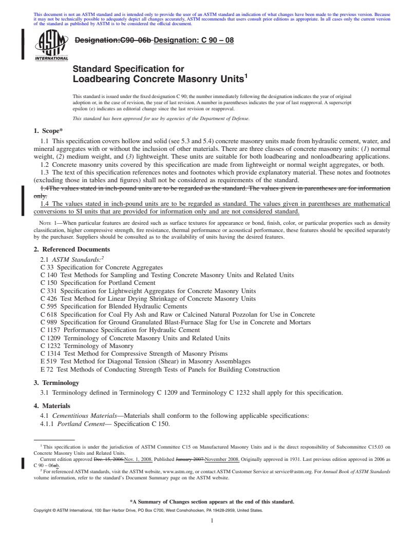 REDLINE ASTM C90-08 - Standard Specification for Loadbearing Concrete Masonry Units