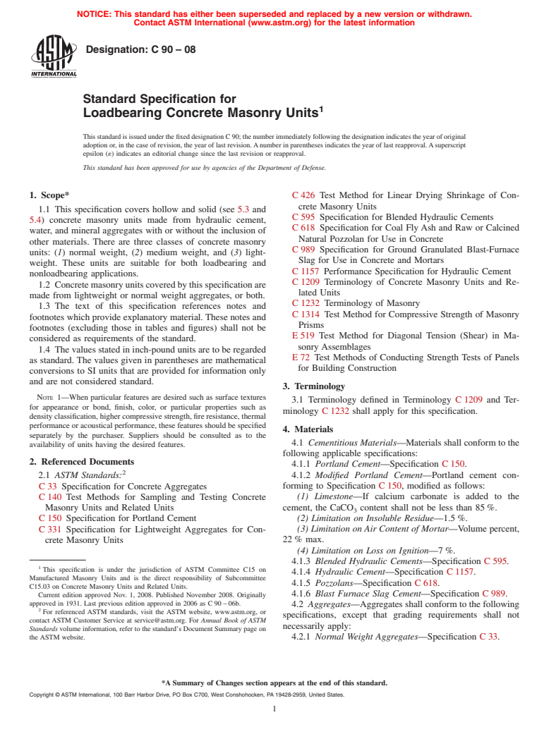 ASTM C90-08 - Standard Specification for Loadbearing Concrete Masonry Units