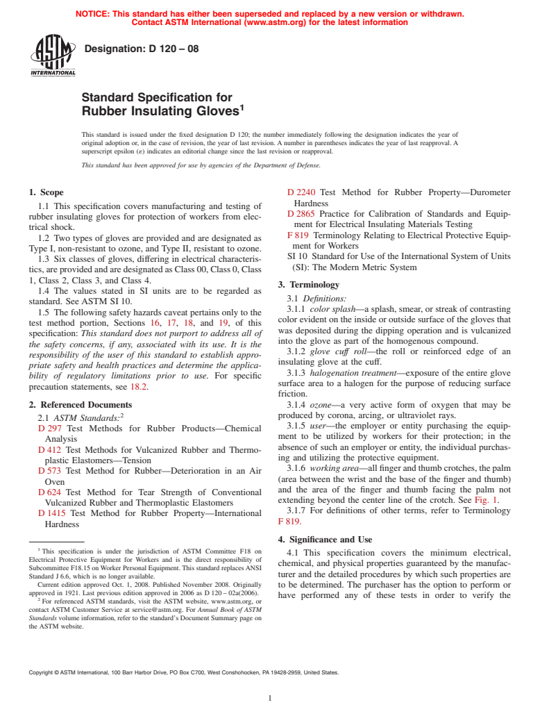 ASTM D120-08 - Standard Specification for Rubber Insulating Gloves