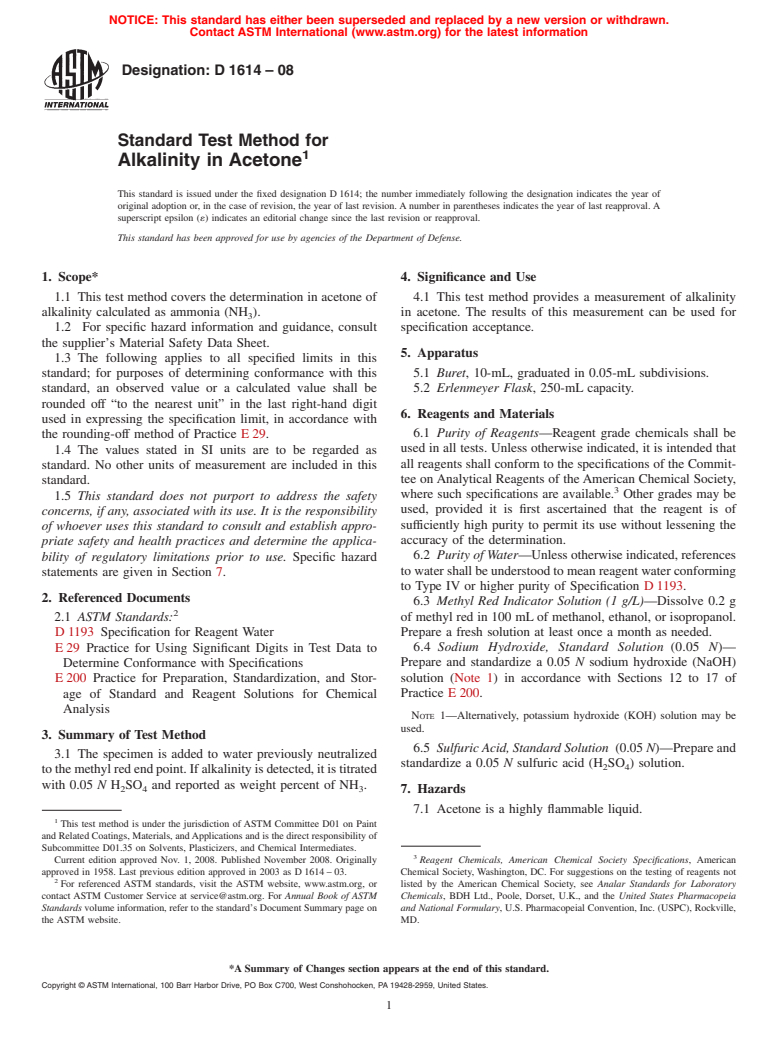 ASTM D1614-08 - Standard Test Method for Alkalinity in Acetone